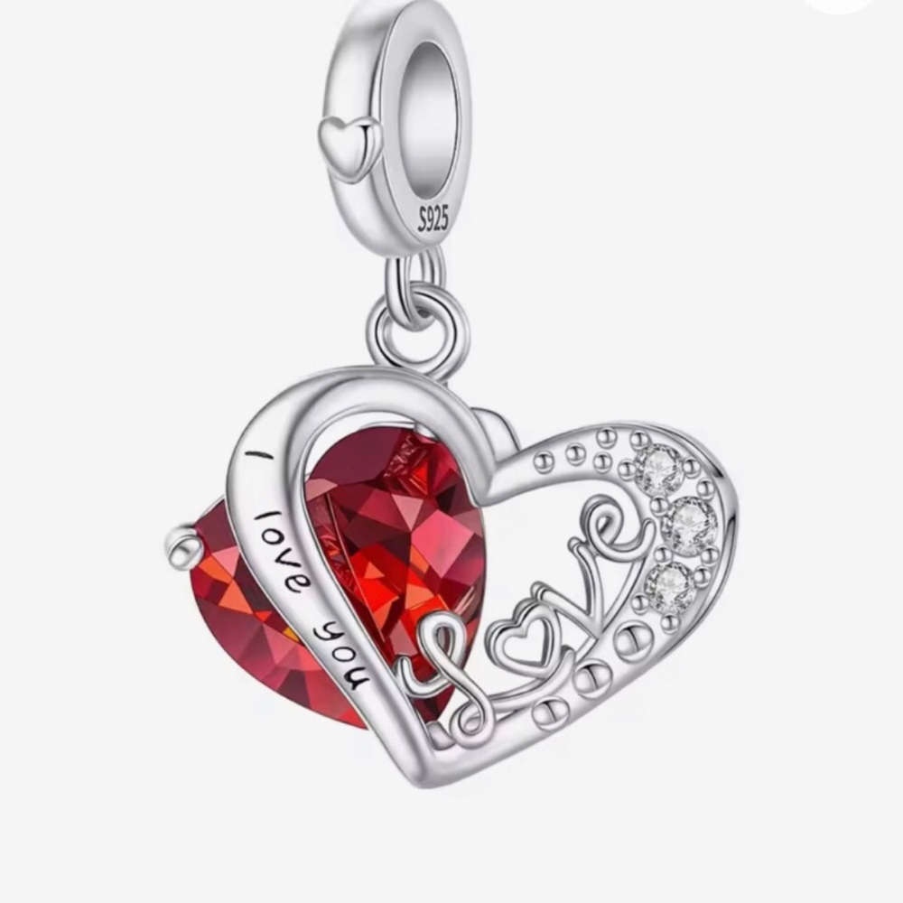 Sterling Silver Heart 'I Love You' Red Crystal Dangle Charm